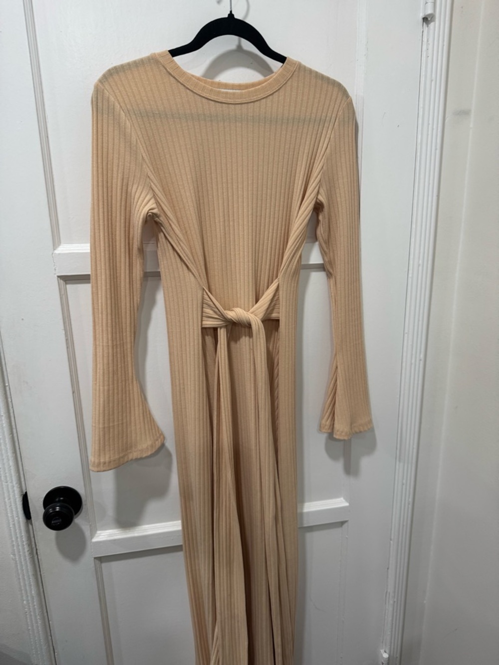 Bytess Tie Ribbed Long Sleeve Dress in Beige